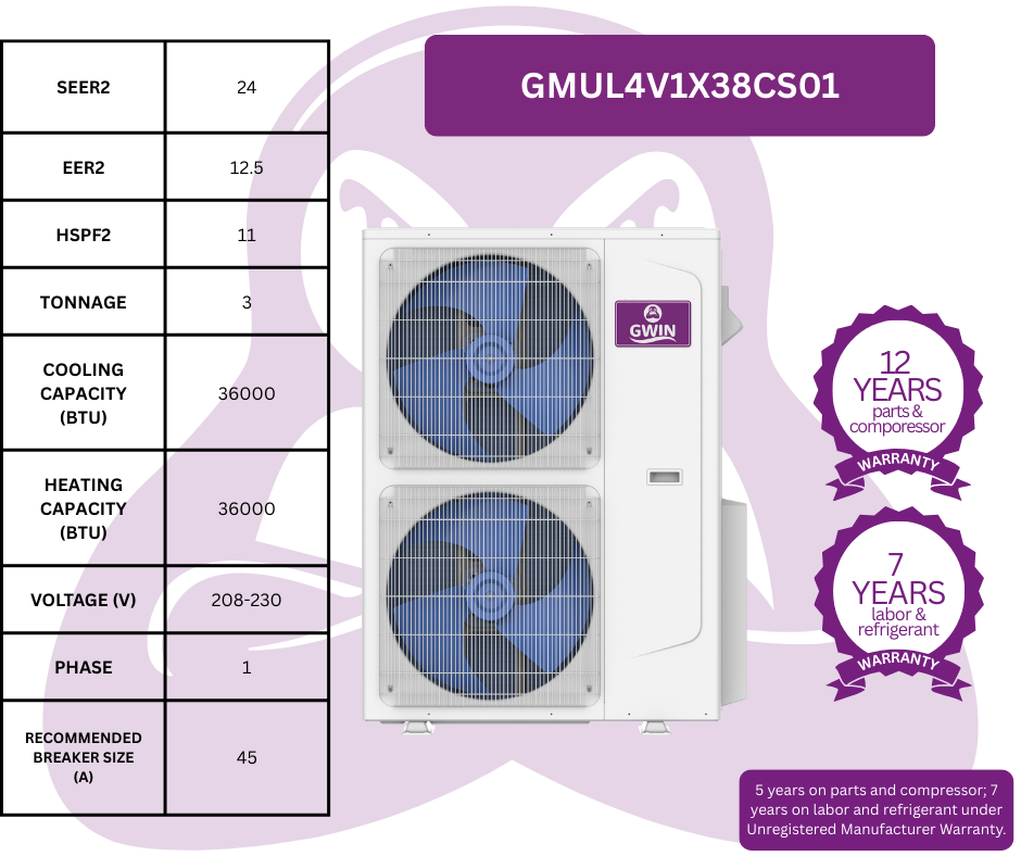 GWIN Assisted DIY 38,000 BTU 22 SEER2 230V Four-Zone Ductless Mini-Split Complete System (36k condenser,7K + 7K + 12K + 12K Wall Mount) with 15 foot line set and communication wire