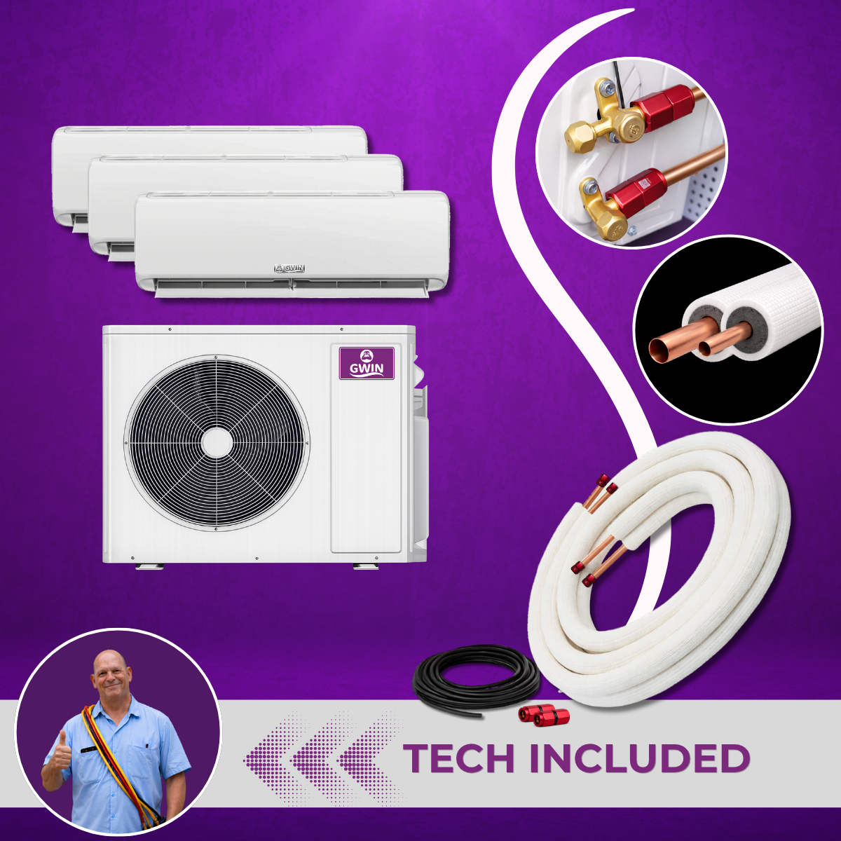 GWIN Assisted DIY 45,000 BTU 230V King (48K Condenser 9K+12K+24K Wall Mount) Complete System With 15' Line Set Communication Wire and GWIN Assisted DIY Tech