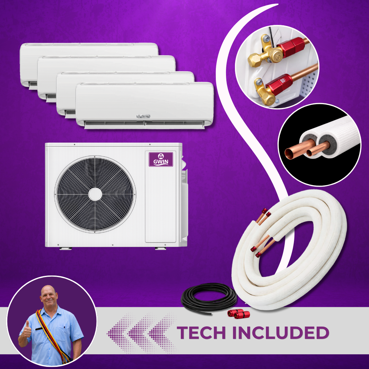 GWIN Assisted DIY 49,000 BTU 230V King (48K Condenser 7K+9K+9K+24K Wall Mount) Complete System With 15' Line Set Communication Wire and GWIN Assisted DIY Tech