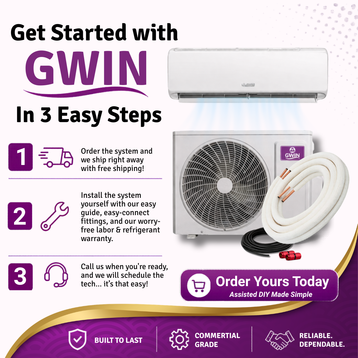 Advertisement for GWIN air conditioning system with installation steps and product display.