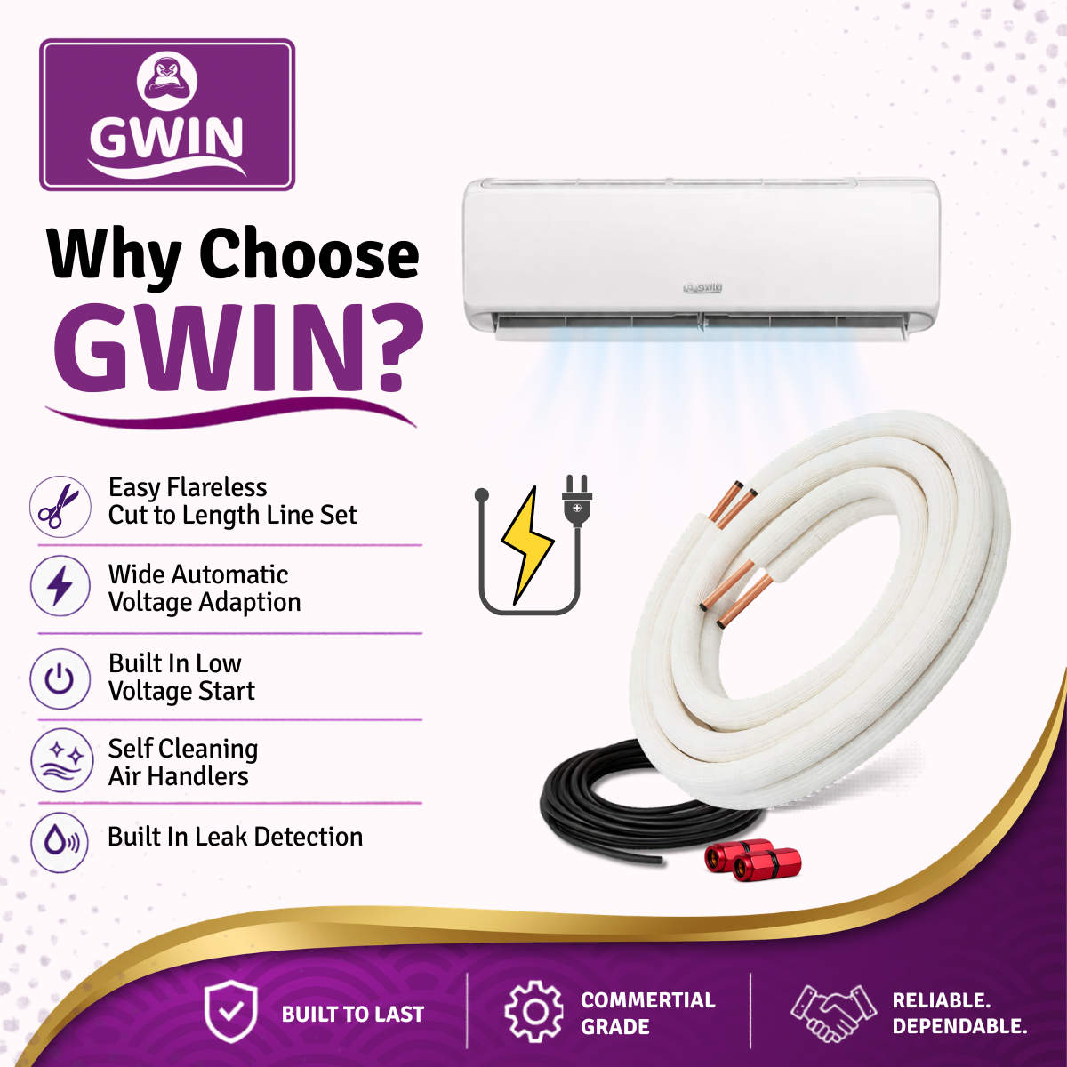 GWIN air conditioning unit with cable and features listed on a white background