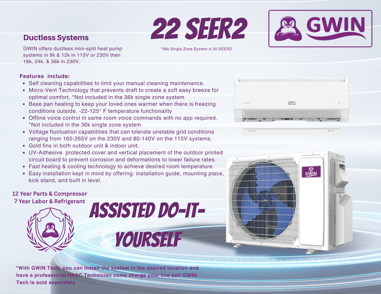 GWIN Assisted DIY 39,000 BTU 22 SEER2 230V Three-Zone Ductless Mini-Split Complete System (36k condenser,9K + 12K + 18K Wall Mount) with 15 foot line set and communication wire
