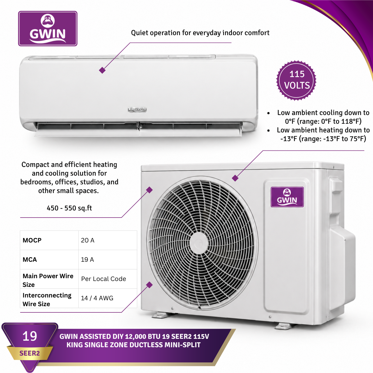 GWIN Assisted DIY 12,000 BTU 19 SEER2 115V King 13 Single Zone Ductless Mini-Split Complete System with 15 Foot Line Set, Communication Wire, and GWIN Tech