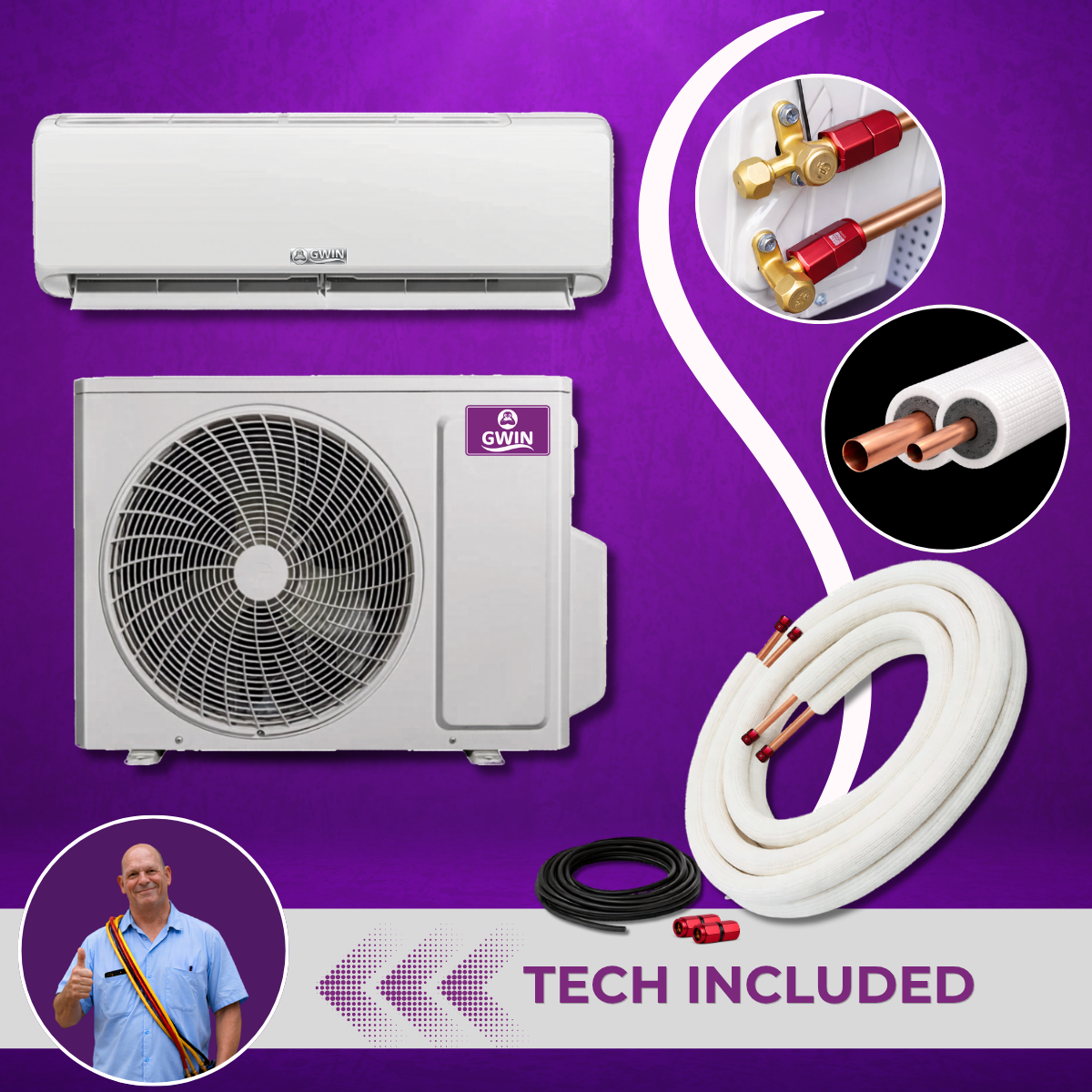 GWIN Assisted DIY 24,000 BTU 19 SEER2 230V King 13 Single Zone Ductless Mini-Split Complete System with 15 Foot Line Set, Communication Wire, and GWIN Tech