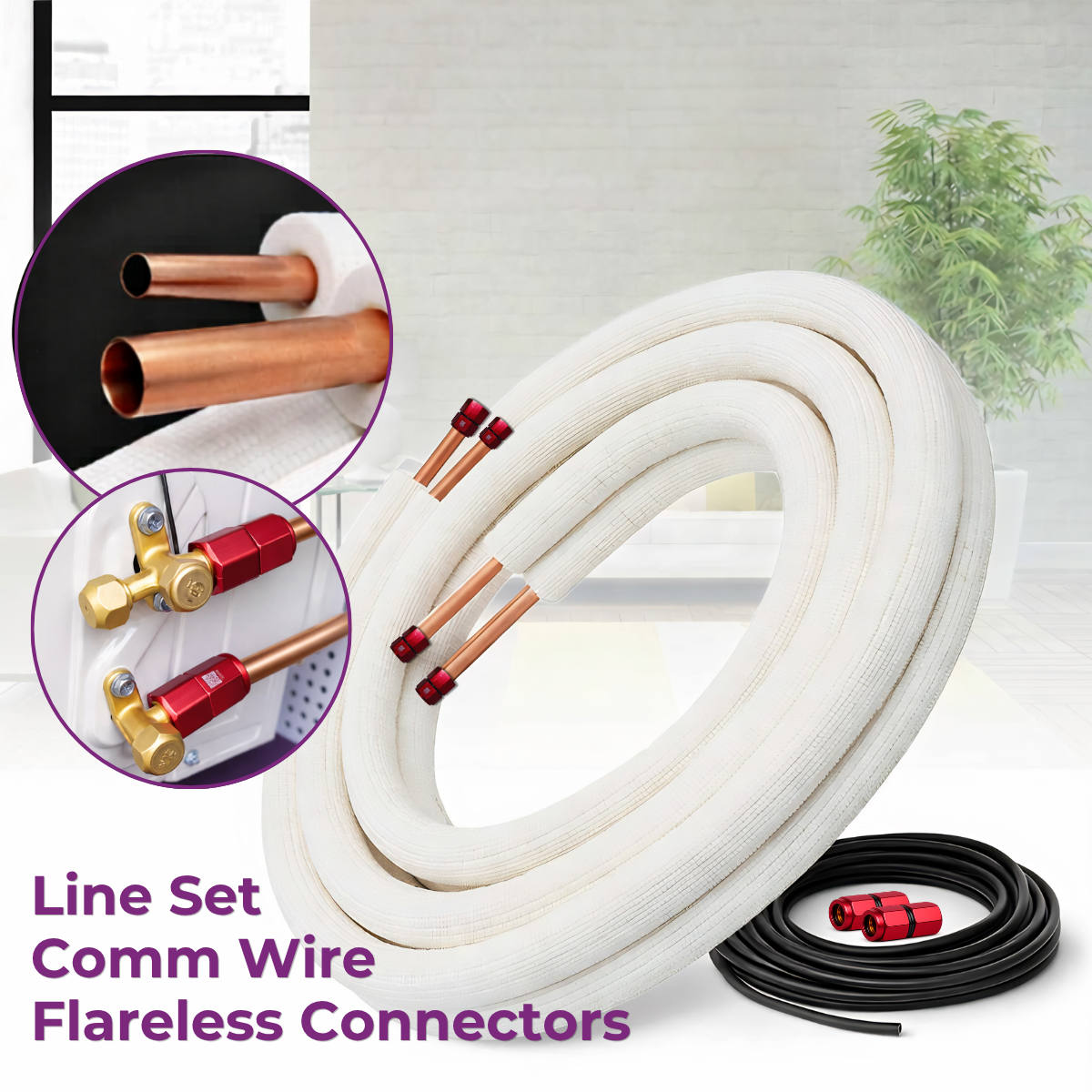 White flexible conduit with copper pipes and connectors on a white background
