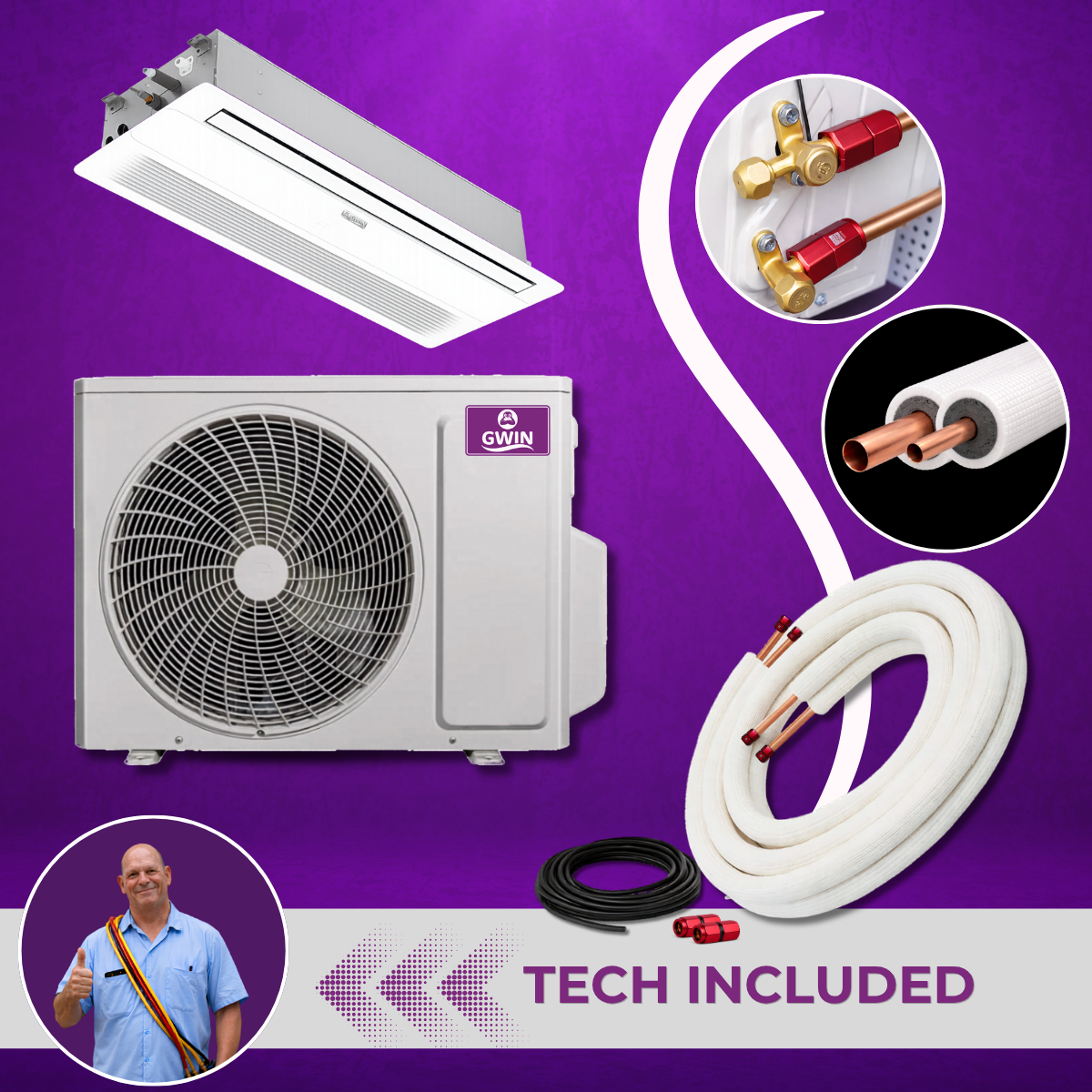 GWIN Assisted DIY 12,000 BTU 24.5 SEER2 230V Emperor 22 Single Zone Cassette Ductless Mini-Split Complete System with 15 Foot Line Set, Communication Wire, and GWIN Tech